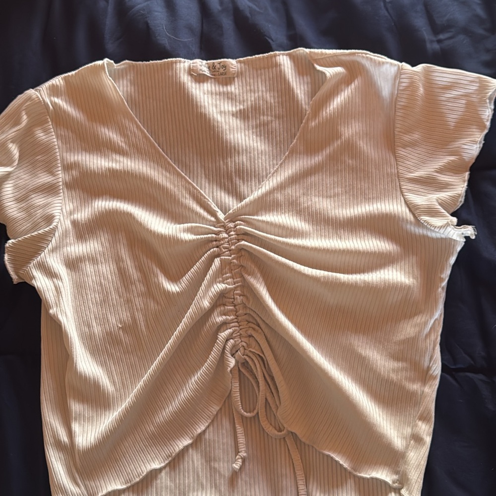 Elegant Cream Ruched V-Neck Tee